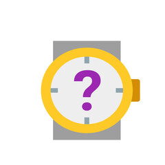 Yellow circular clock with gray hands and a purple question mark in the center on a gray background