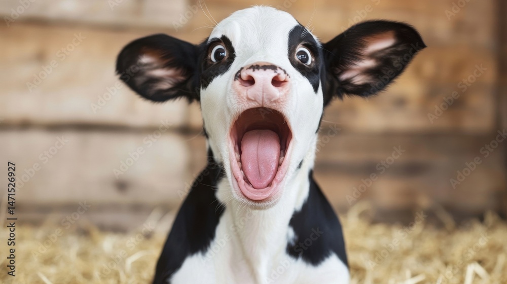 Poster a curious black and white calf with its mouth wide open, sitting in a hay-filled barn. the calf's la