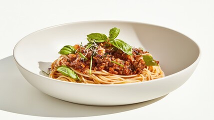 Clean white background highlighting a gourmet pasta plate with chive blossoms and basil