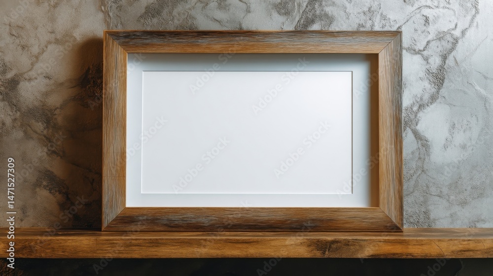 Fototapete Empty rustic wooden picture frame on a shelf against a textured concrete wall, perfect for mockup and design projects. : Generative AI