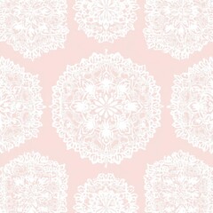 A delicate pink background featuring intricate white mandala patterns.