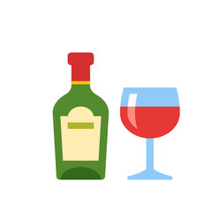 Illustration of a green wine bottle with a red cap and a glass of red wine next to it on a white background