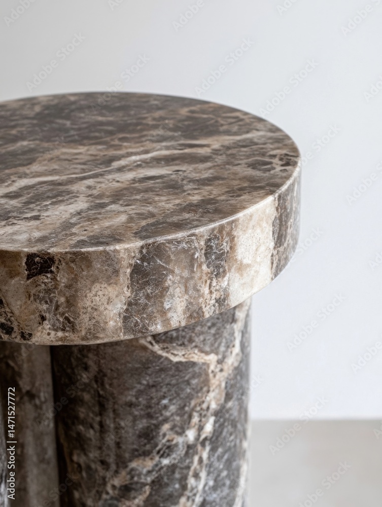 Poster Close-up view of a stylish, round marble side table with a unique, two-tiered cylindrical base, showcasing intricate brown and beige veining patterns. : Generative AI