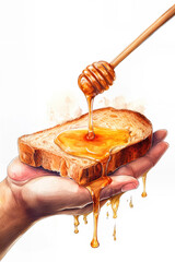 National Honey Month. Honey being drizzled onto bread