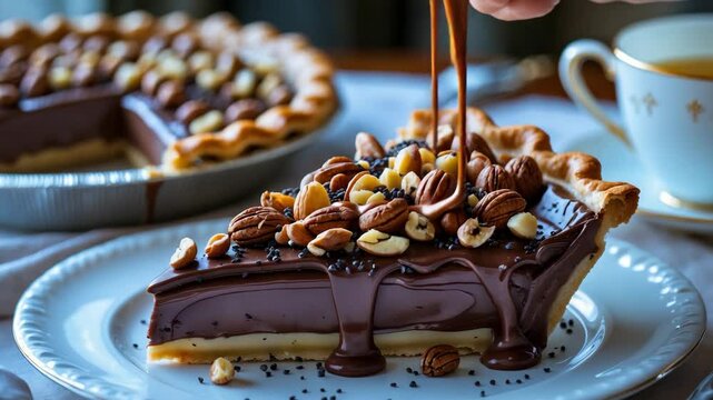 An up-close video of a pie slice adorned with nuts and poppy seeds, coated in chocolate icing, placed on a white plate, with a pie and saucer holding a cup visible in the background.