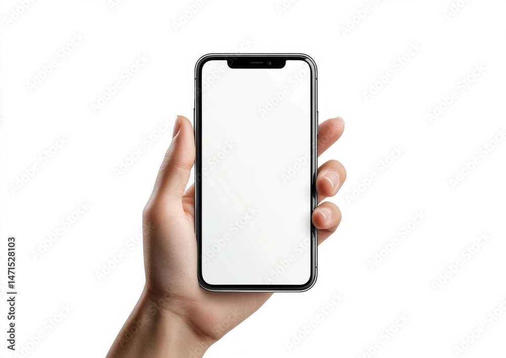 Leinwandbilder a person's hand holds a modern smartphone with a blank white screen, showcasing its sleek design and