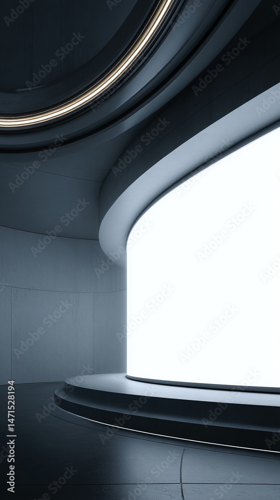 Poster curved gray walls showcase a bright blank space, creating a modern, minimalist presentation scene id