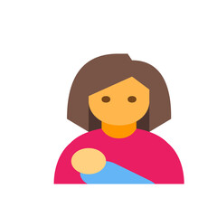 Illustration of a mother in a pink top holding a baby wrapped in blue cloth with brown hair and tan skin