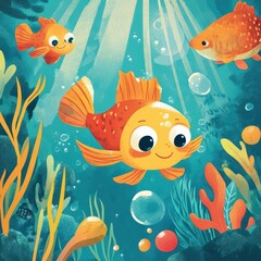 Naklejka premium Colorful underwater scene featuring cheerful fish swimming among plants and bubbles.