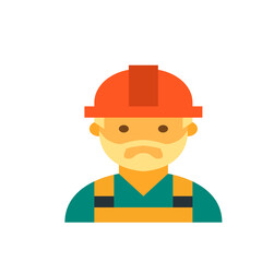 Illustration of a construction worker with orange hard hat and beard wearing overalls looking forward