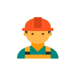 Illustration of a construction worker with an orange hard hat and green overalls on a white background