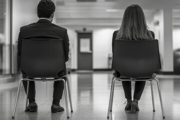 man woman businesswoman business chair sitting waiting businessman candidate recruitment office gender discrimination  job young interview workplace harassment gossip secret