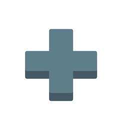 A simple plus sign with rounded edges and a subtle shadow effect rendered in a muted grayish blue color