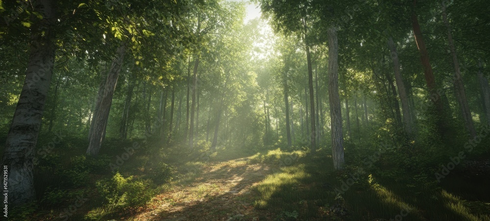 Poster Sunbeams illuminate a tranquil forest path, dappled light filtering through lush green canopy, creating a serene and mystical atmosphere. : Generative AI
