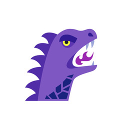 Illustration of a purple dragon head with sharp teeth and fire coming from its mouth on a white background