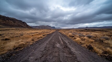 A lonely dirt road stretches towards distant, dark mountains under a brooding, grey sky, promising adventure and solitude in the vast, dry landscape. : Generative AI