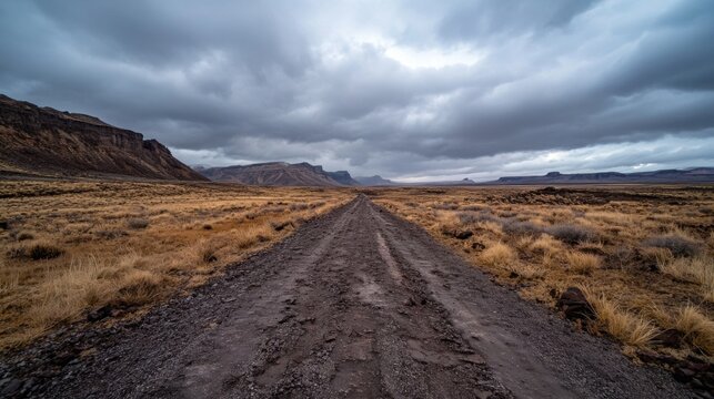 A lonely dirt road stretches towards distant, dark mountains under a brooding, grey sky, promising adventure and solitude in the vast, dry landscape. : Generative AI