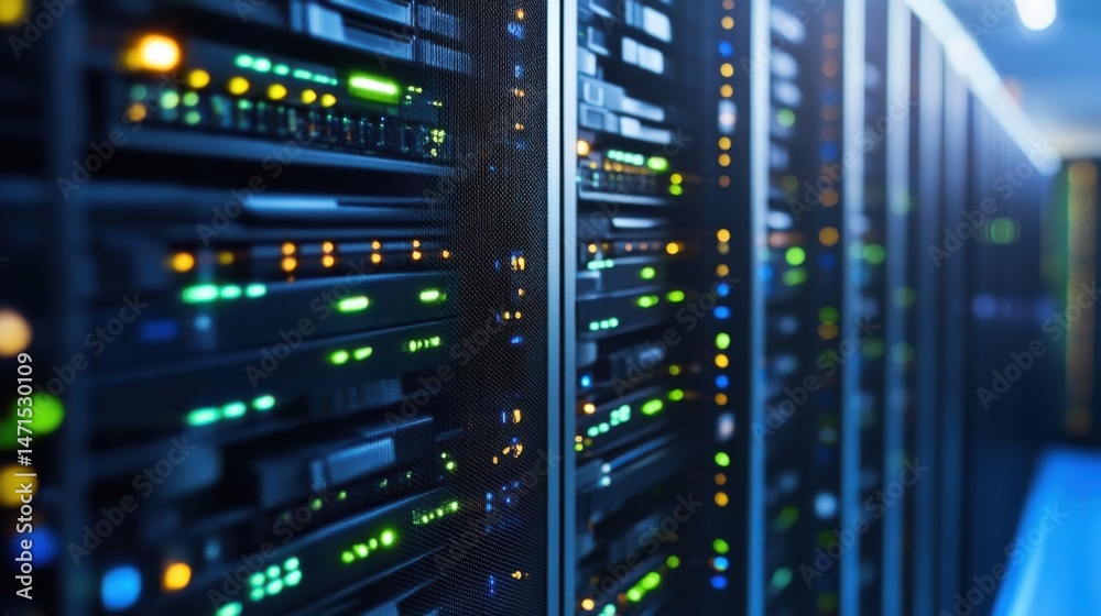 Poster Rows of illuminated server racks in a modern data center, showcasing vibrant green and orange indicator lights, highlighting advanced technology and digital infrastructure. : Generative AI