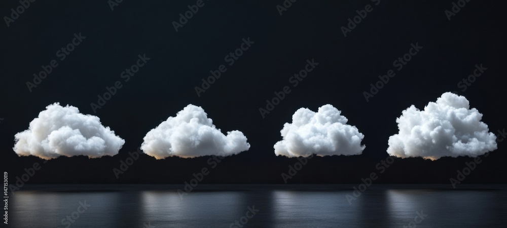 Poster four fluffy white cumulus clouds float against a dark, moody background, their reflections mirrored 