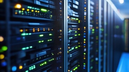 Rows of illuminated server racks in a modern data center, showcasing vibrant green and orange indicator lights, highlighting advanced technology and digital infrastructure. : Generative AI
