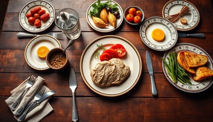 Rustic wooden table with vintage silverware, plates, and artfully arranged food, sepia, template