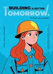 Red-haired girl in construction helmet with text “Building a better tomorrow,” symbolizing growth and future.