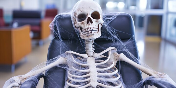 skeleton waiting in office lobby for job interview, covered in cobwebs 