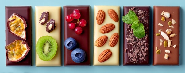 Colorful Assortment of Hand-Decorated Gourmet Chocolate Bars with Fruits and Nuts Arranged in a Row