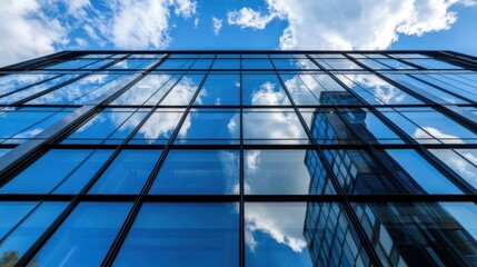 Obraz premium Modern glass skyscraper reflecting blue sky and clouds, low angle view showcasing architectural detail and urban landscape. : Generative AI