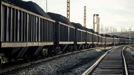 Fototapeta premium Aerial view side view long freight train transporting black coal, open wagons fully loaded, industrial railway tracks, bulk cargo, energy supply chain, commercial transport, export logistics, banner.