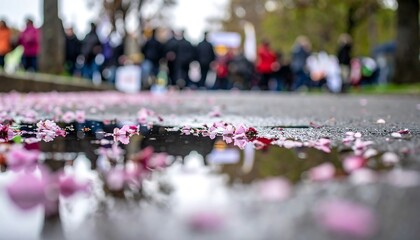 Pink Cherry Blossoms Reflecting in a Puddle on a City Street