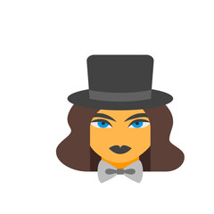 Illustration of a person with tan skin, wearing a top hat and bow tie, with blue eyes and dark hair