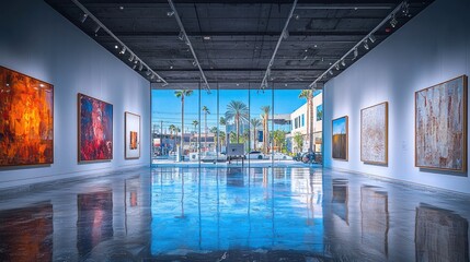 Fototapeta premium Modern art gallery with large windows showcasing vibrant paintings