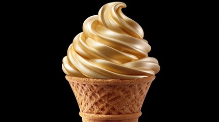 Golden Ice Cream Swirl in Metallic Cone with Glossy Finish on Black Background