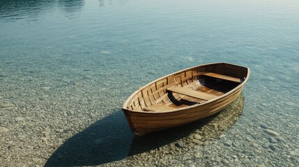 Obraz premium Side view of wooden boat on clear waters stretching to the endless horizon