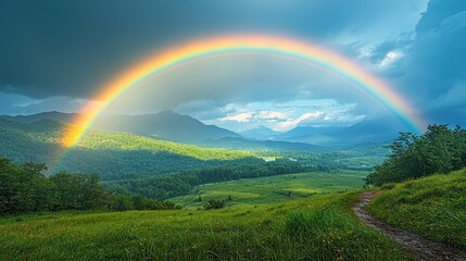 Naklejka premium Majestic rainbow arches over a valley nestled between mountains. Lush green landscape, dramatic clouds