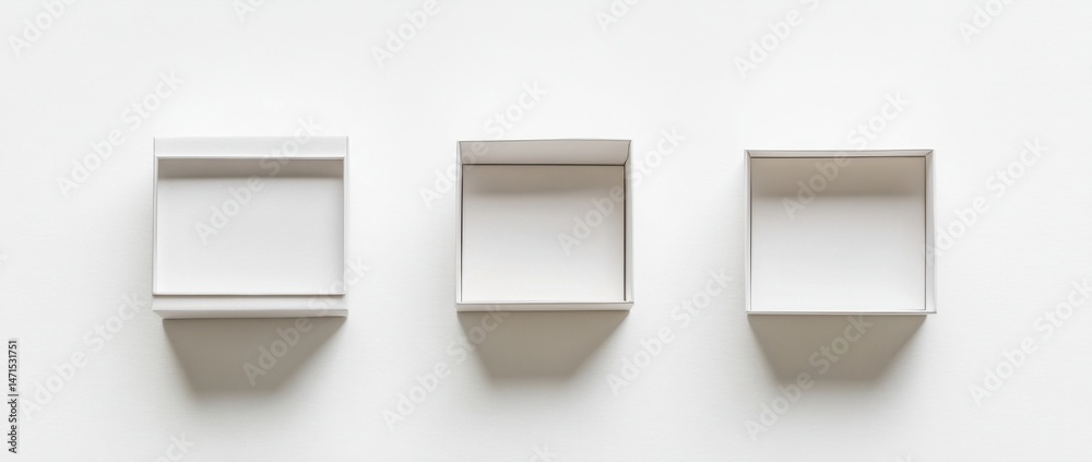 Poster Three empty white cardboard boxes arranged in a row on a white background, offering a clean and minimalist product presentation. : Generative AI