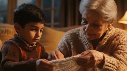 A young boy and an older woman are sitting together in a living room. The woman is helping the boy with a project, and they are both smiling. Scene is warm and friendly - Powered by Adobe