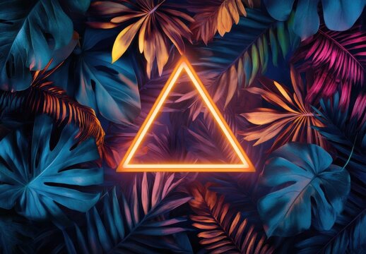 Vibrant tropical foliage backdrop with a glowing orange neon triangle frame, perfect for summer designs and exotic themes. : Generative AI - Powered by Adobe