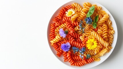 Fototapeta premium Top-down shot of colorful pasta plate, with natural greens and edible flowers enhancing visual appeal