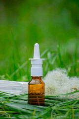 Nasal drops, allergy spray, wipes and tablets. Allergy treatment concept