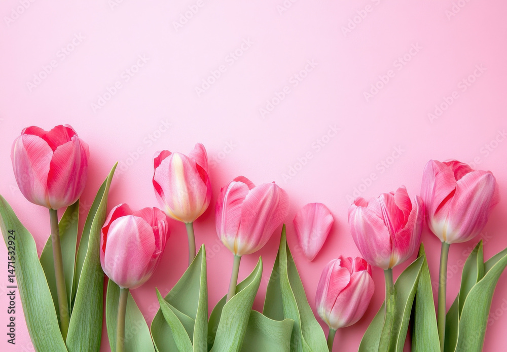 Poster Pink tulips arranged on a pink background, creating a beautiful floral border with space for text or design elements. Perfect for spring, mother's day, or romantic themes. : Generative AI