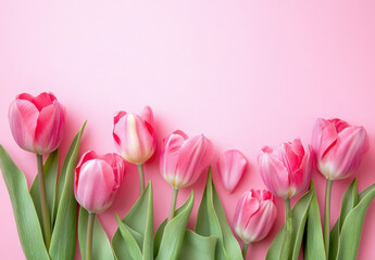 Naklejka premium Pink tulips arranged on a pink background, creating a beautiful floral border with space for text or design elements. Perfect for spring, mother's day, or romantic themes. : Generative AI