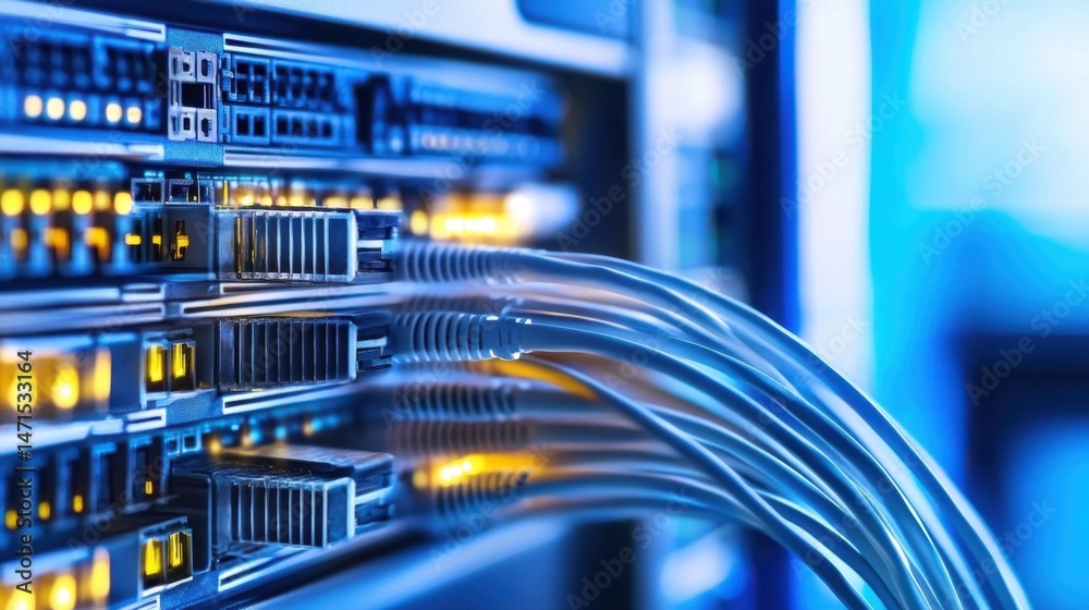 Poster close-up view of fiber optic cables connected to a network server, showcasing intricate details and 