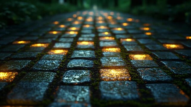 Glowing cobblestone pathway illuminated with golden futuristic lights in the dark.