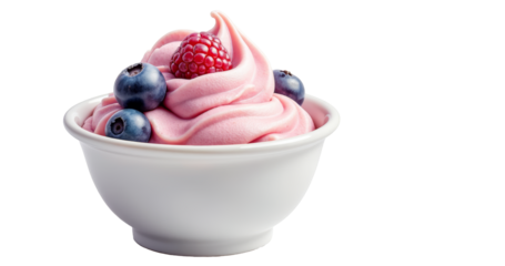 Creamy Frozen Yogurt Bowl Topped with Raspberries and Blueberries on Transparent Background for Dessert Ads