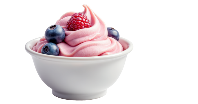 Creamy Frozen Yogurt Bowl Topped with Raspberries and Blueberries on Transparent Background for Dessert Ads