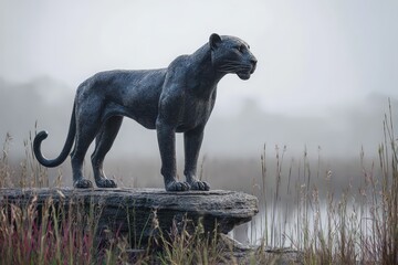 Majestic bronze panther statue on a rock outcrop.