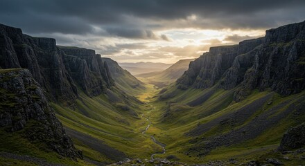 Mountain valley vista. Sunlight through a gorge