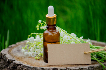 Glass bottle of lily of the valley essential oil with fresh flowers.